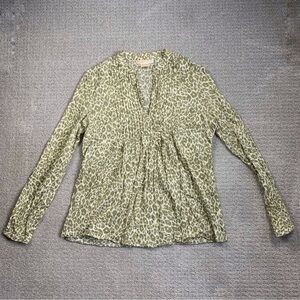 Michael Kors Green Leopard Long Sleeve Mandarin Collar Blouse Shirt Women Sz 10